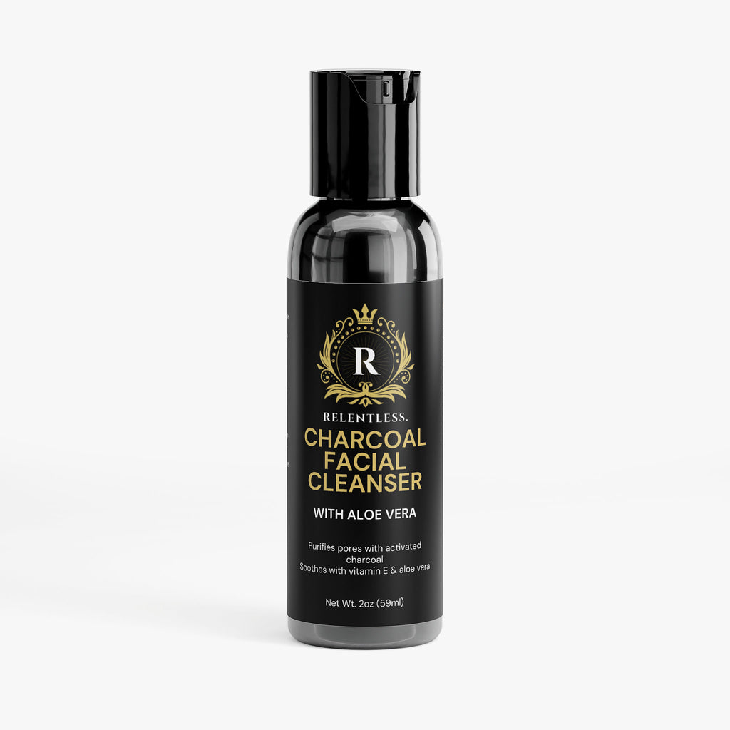 Relentless Men's charcoal facial cleanser bottles on a white background, black flip-top bottles with gold label, aloe vera callout, 2 oz / 59 mL.