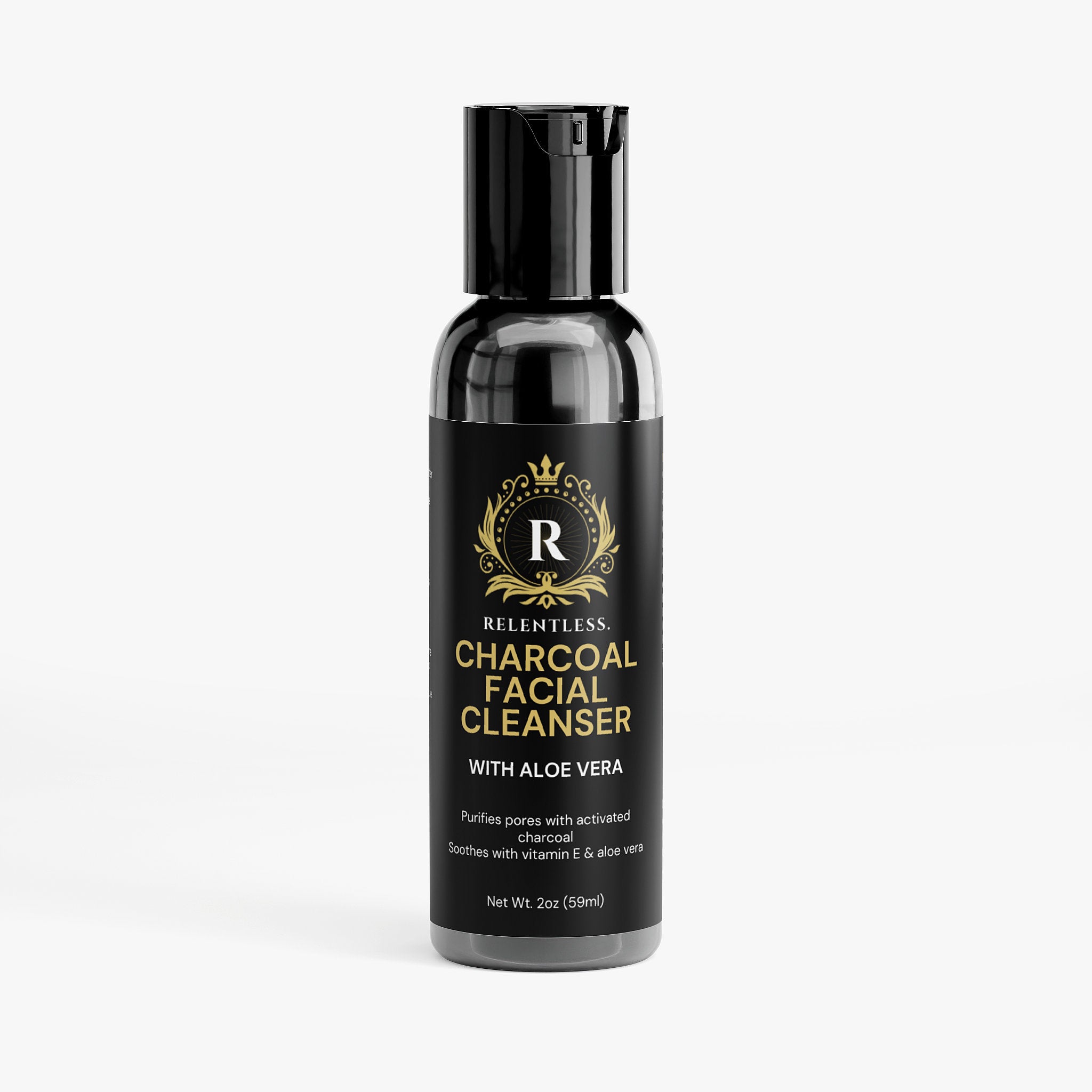 Relentless Men's charcoal facial cleanser bottles on a white background, black flip-top bottles with gold label, aloe vera callout, 2 oz / 59 mL.
