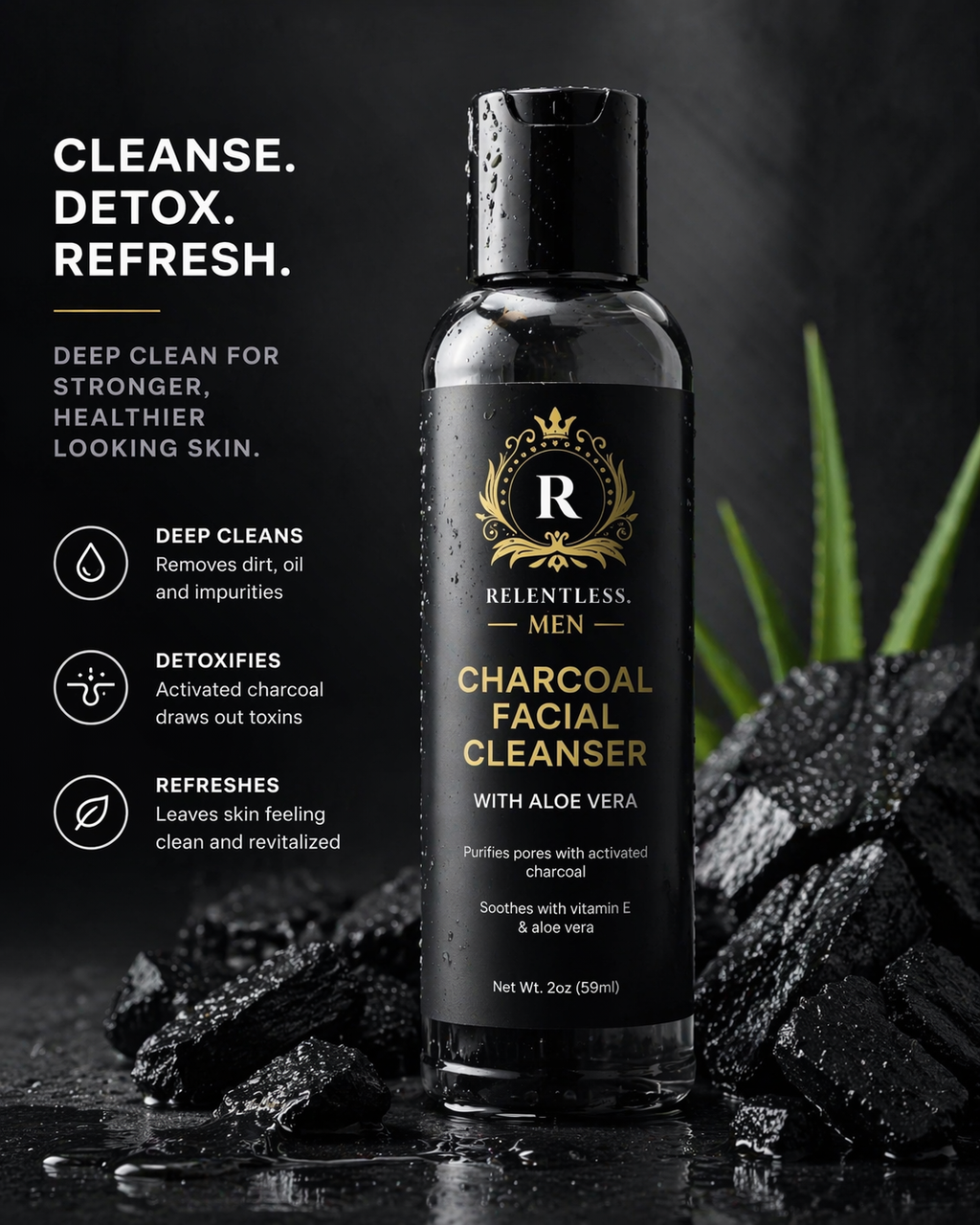 Relentless Men's charcoal facial cleanser bottles on a white background, black flip-top bottles with gold label, aloe vera callout, 2 oz / 59 mL.